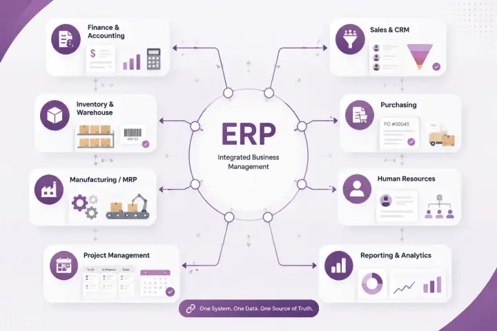 اینفوگرافیک ماژولهای اصلی ERP شامل مالی، فروش، انبار، خرید، تولید و منابع انسانی